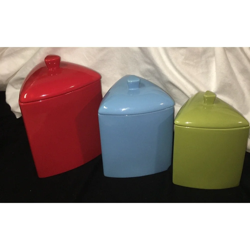 Oneida VTG MCM Buffalo China Triangle Canister Set of 3 Red Blue Green EUC Rare